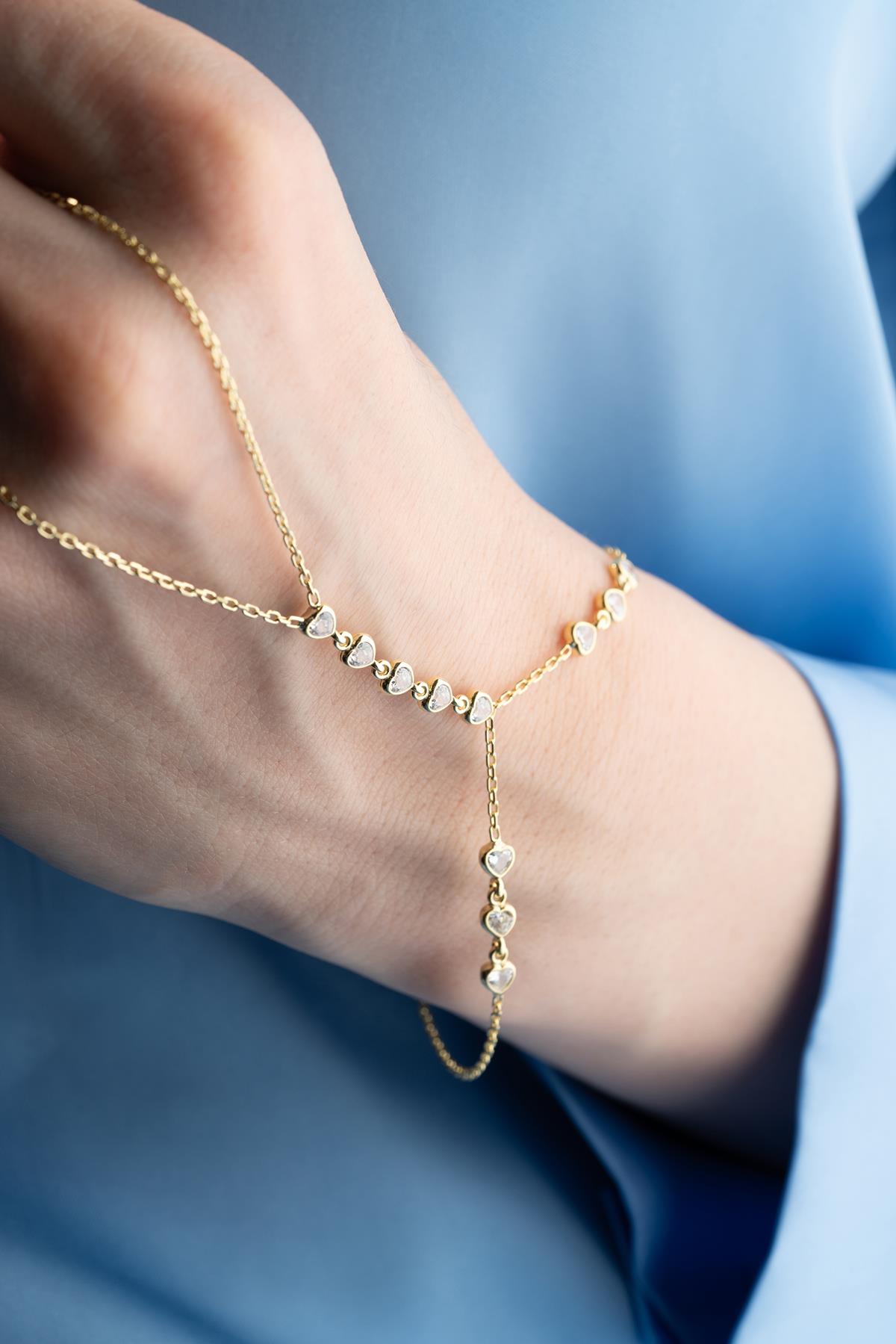 925 Ayar Gümüş Gold Kaplama Sıralı Kalp Model Şahmeran Bileklik 