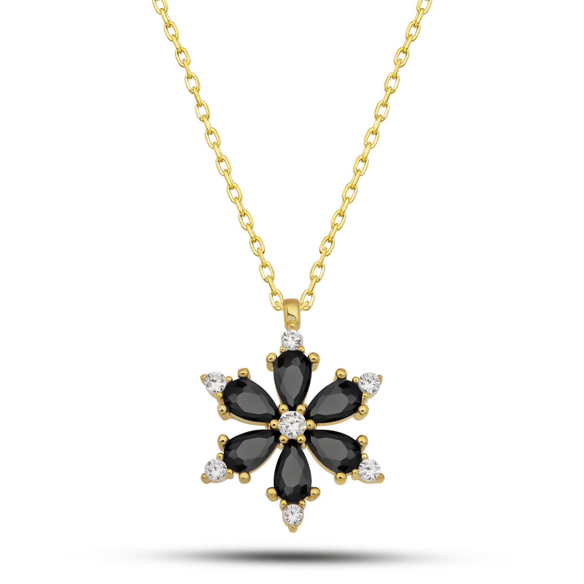 925 Ayar Gümüş Gold Kaplama Siyah Taşlı Lotus Kamelya Çiçeği Kolye