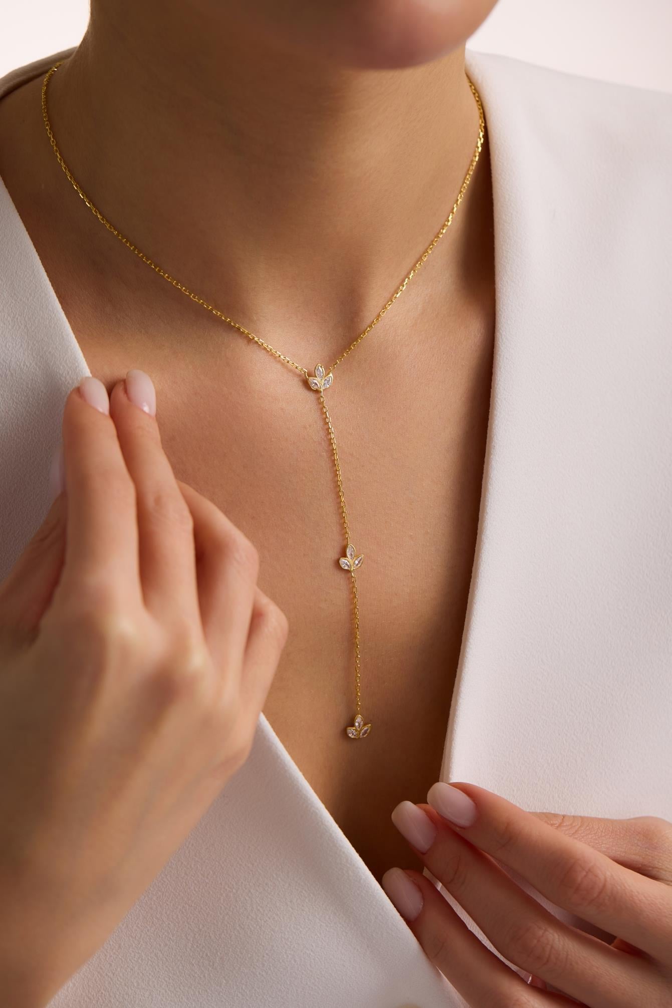 925 Ayar Gümüş Gold Kaplama Y Model Lotus Çiçeği Kolye
