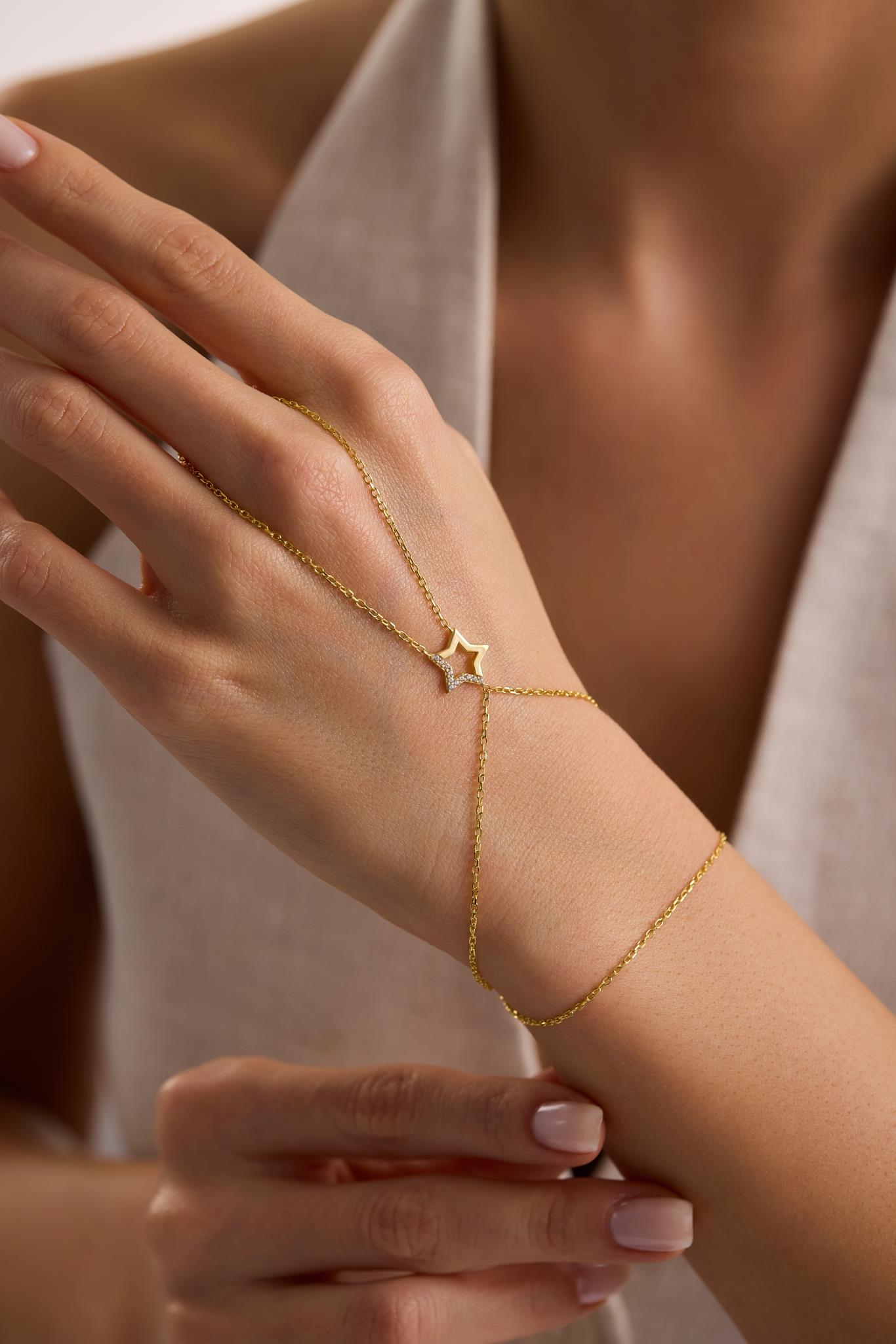 925 Ayar Gümüş Gold Kaplama Zirkon Taşlı Yıldız Şahmeran Bileklik 