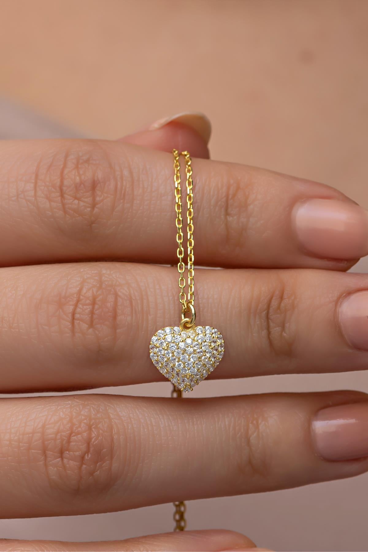 925 Ayar Gümüş Gold Kaplama Zirkon Taşlı Minimal Kalp Kolye