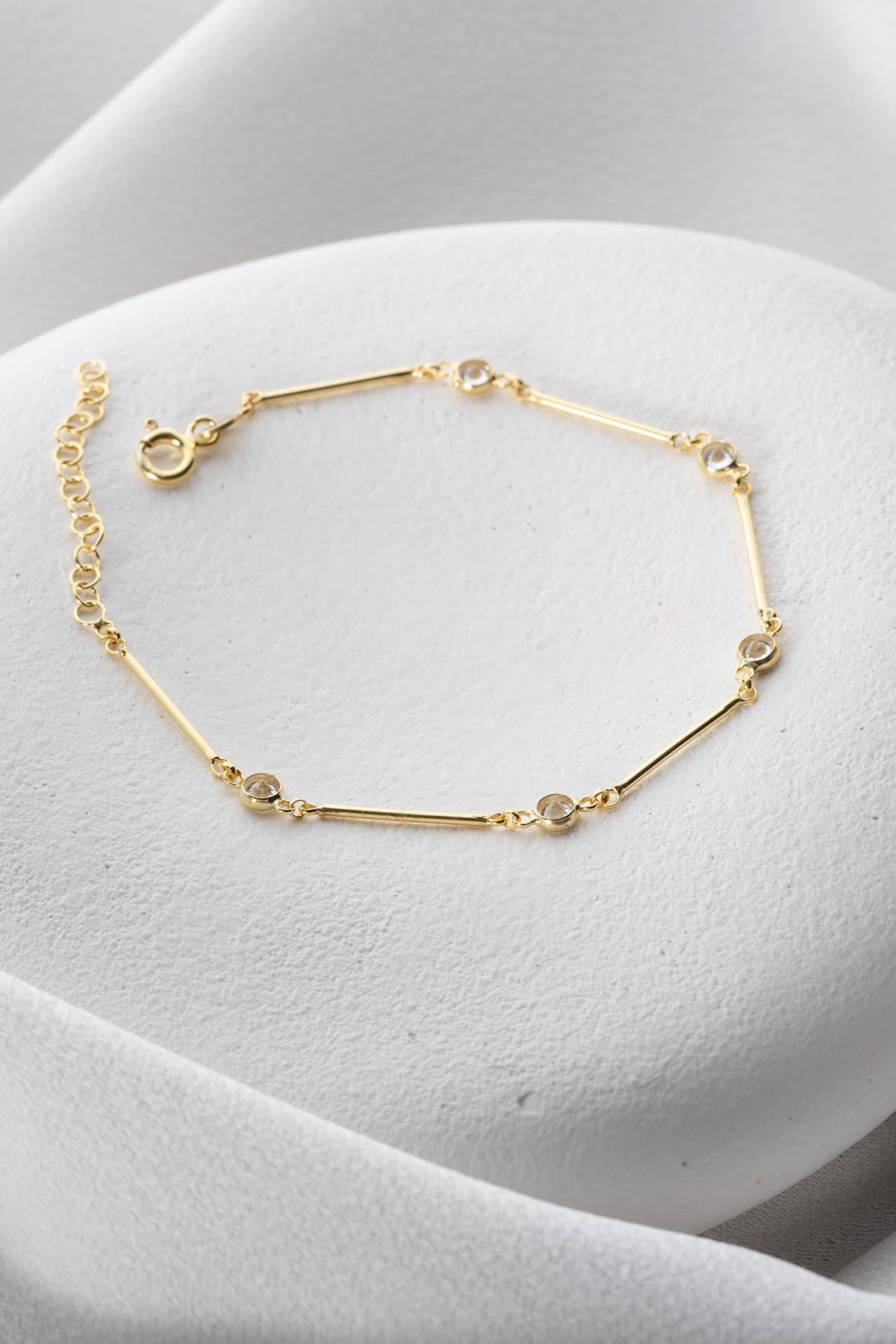 925 Ayar Gümüş Gold Kaplama Zirkon Taşlı Çubuk Model Bileklik 