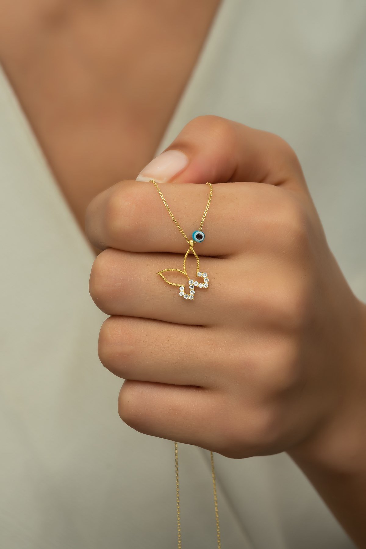 925 Ayar Gümüş Gold Nazar Göz Kelebek Kolye