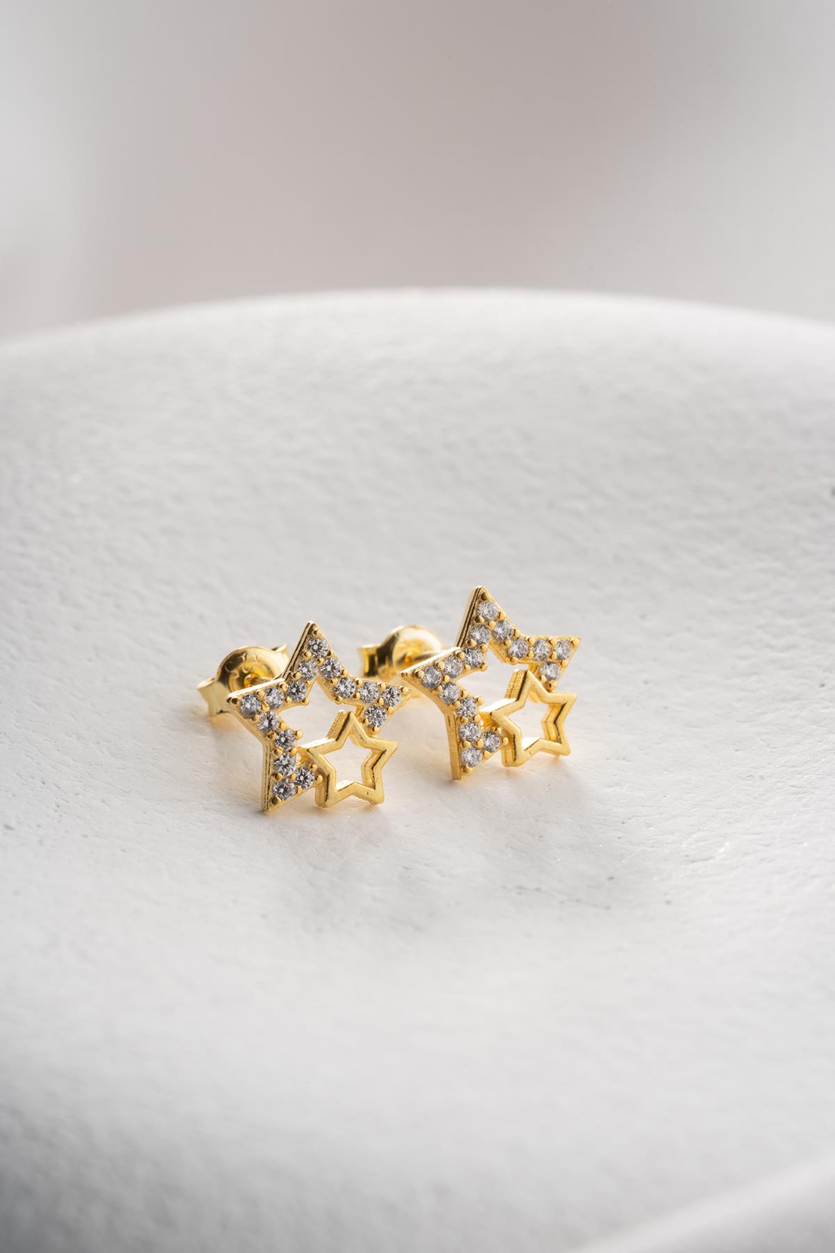 925 Ayar Gümüş Gold Zirkon Taşlı Çift Yıldız Model Küpe