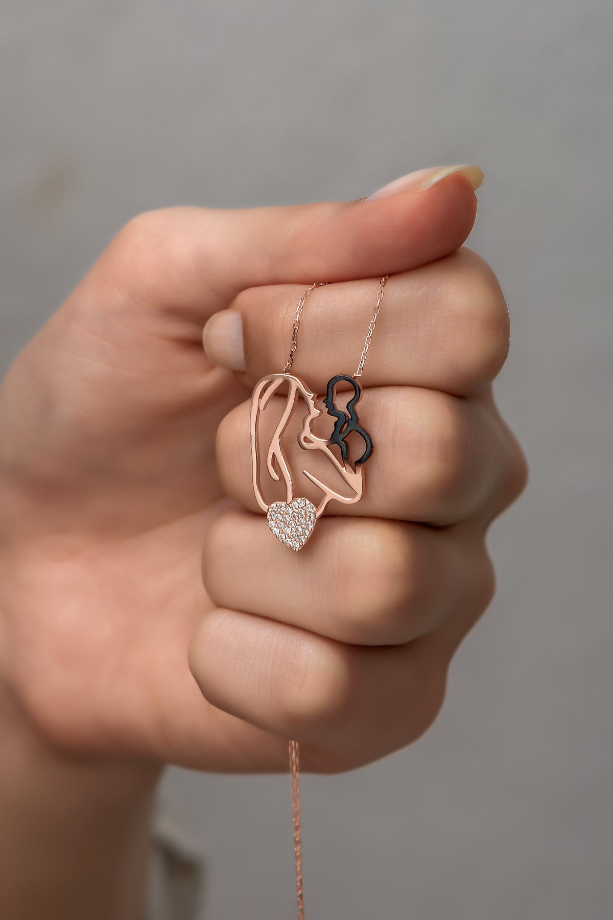 925 Ayar Gümüş Kalp Detay Anne Bebek Kolye