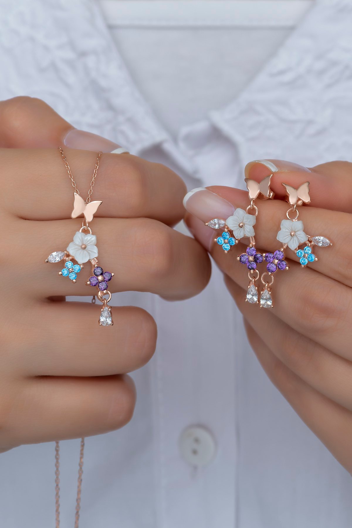 925 Ayar Gümüş Kelebek ve Yonca Bahar Çiçeği Manolya Kolye ve Küpe Set