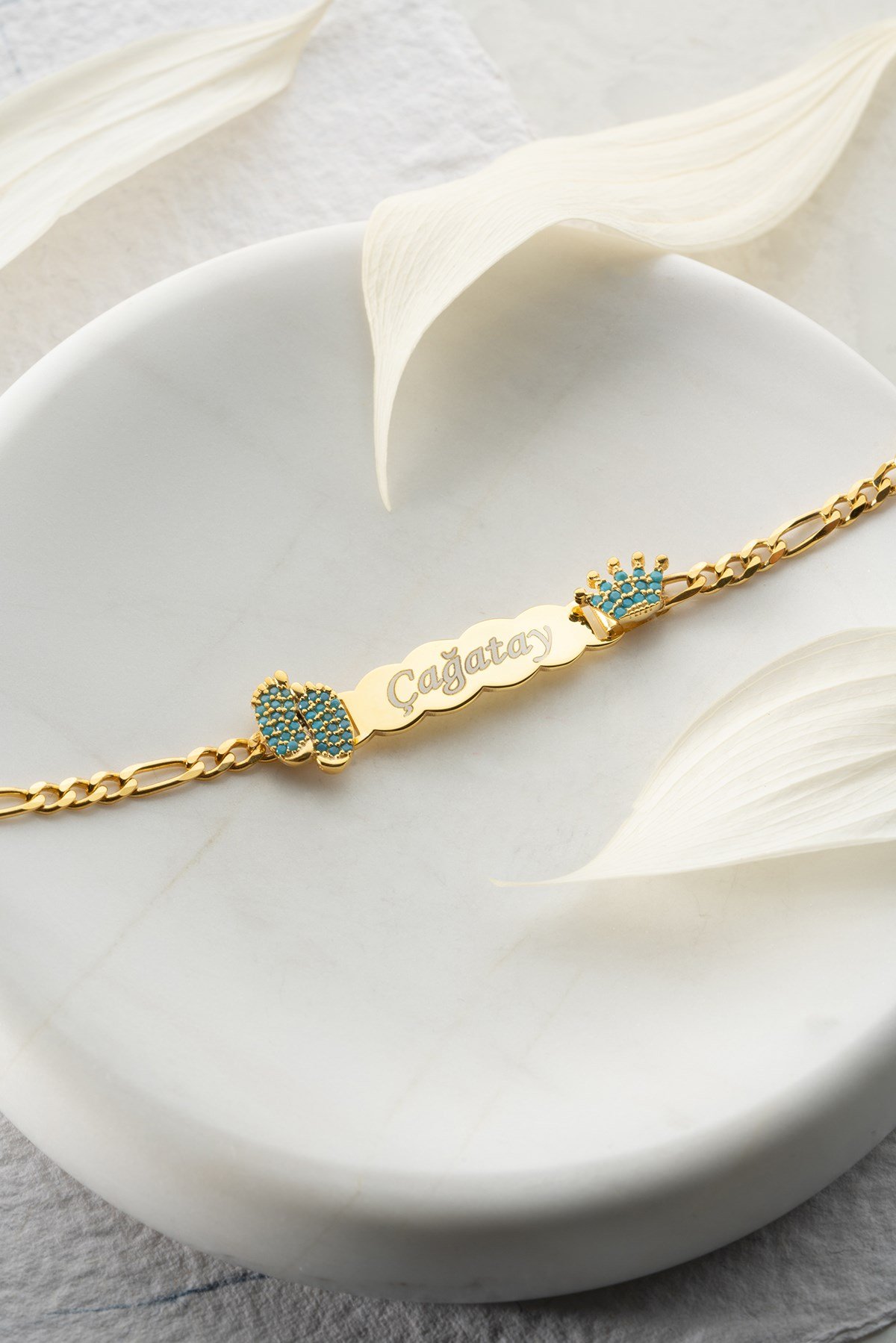 925 Ayar Gümüş Kişiye Özel Figaro Zincir Mavi Ayaklı İsimli Çocuk Bileklik