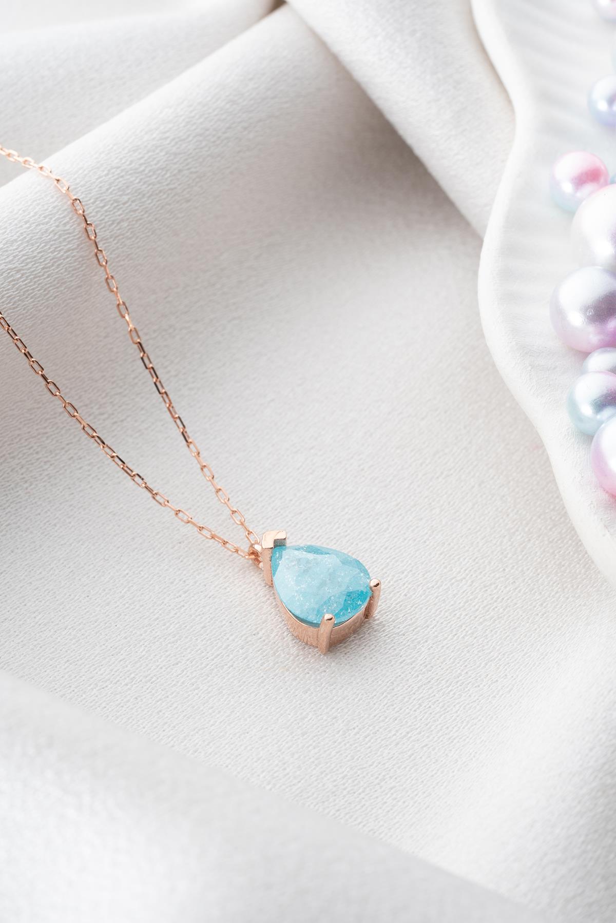 925 Ayar Gümüş Mavi Taşlı Damla Model Kolye