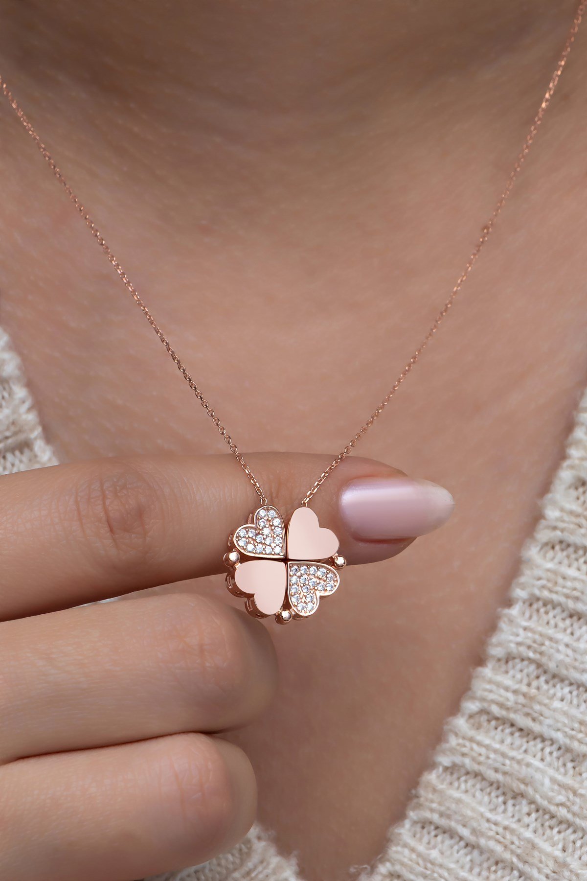 925 Ayar Gümüş Mıknatıslı Ayrılabilir Rose Yonca Kolye