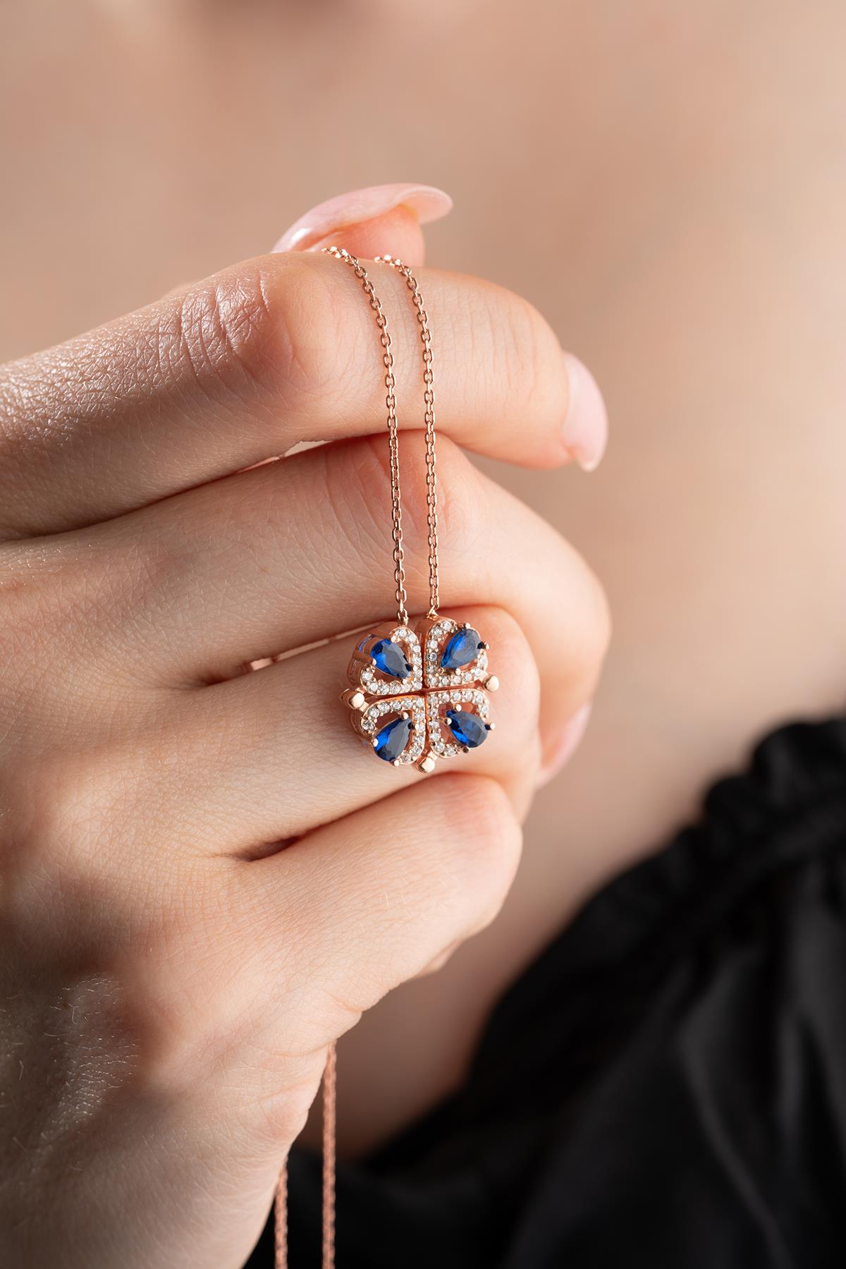 925 Ayar Gümüş Mıknatıslı Ayrılabilir Yeşil Zirkon Taşlı 4 Kalpli Yonca Kolye