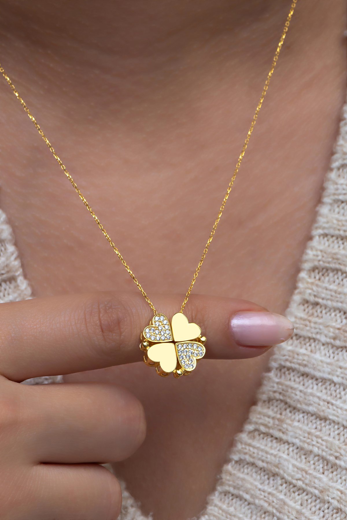 925 Ayar Gümüş Mıknatıslı Ayrılabilir Gold Yonca Kolye