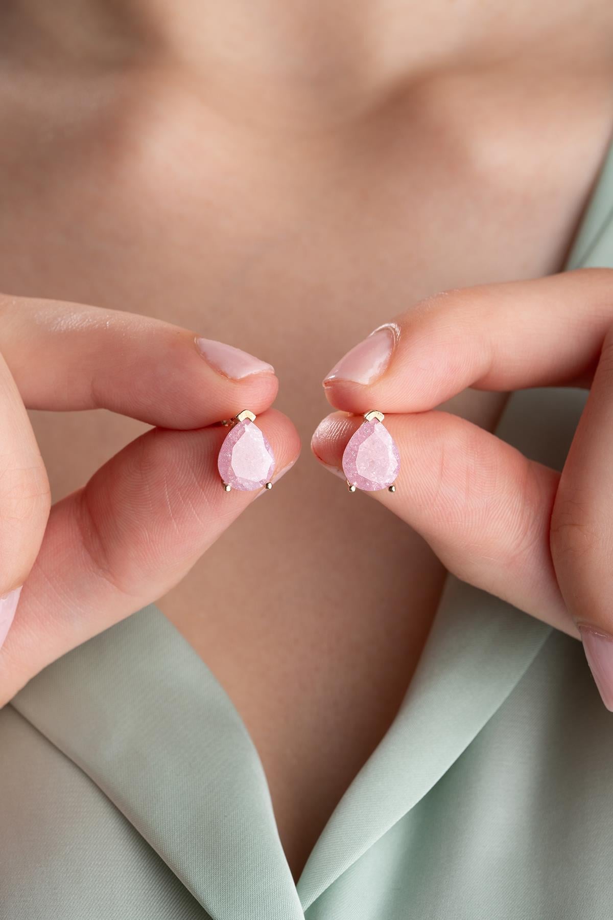 925 Ayar Gümüş Pembe Taşlı Damla Model Küpe