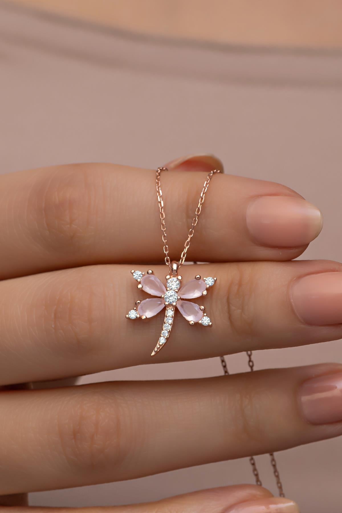 925 Ayar Gümüş Pembe Zirkon Taşlı Yusufcuk Kolye