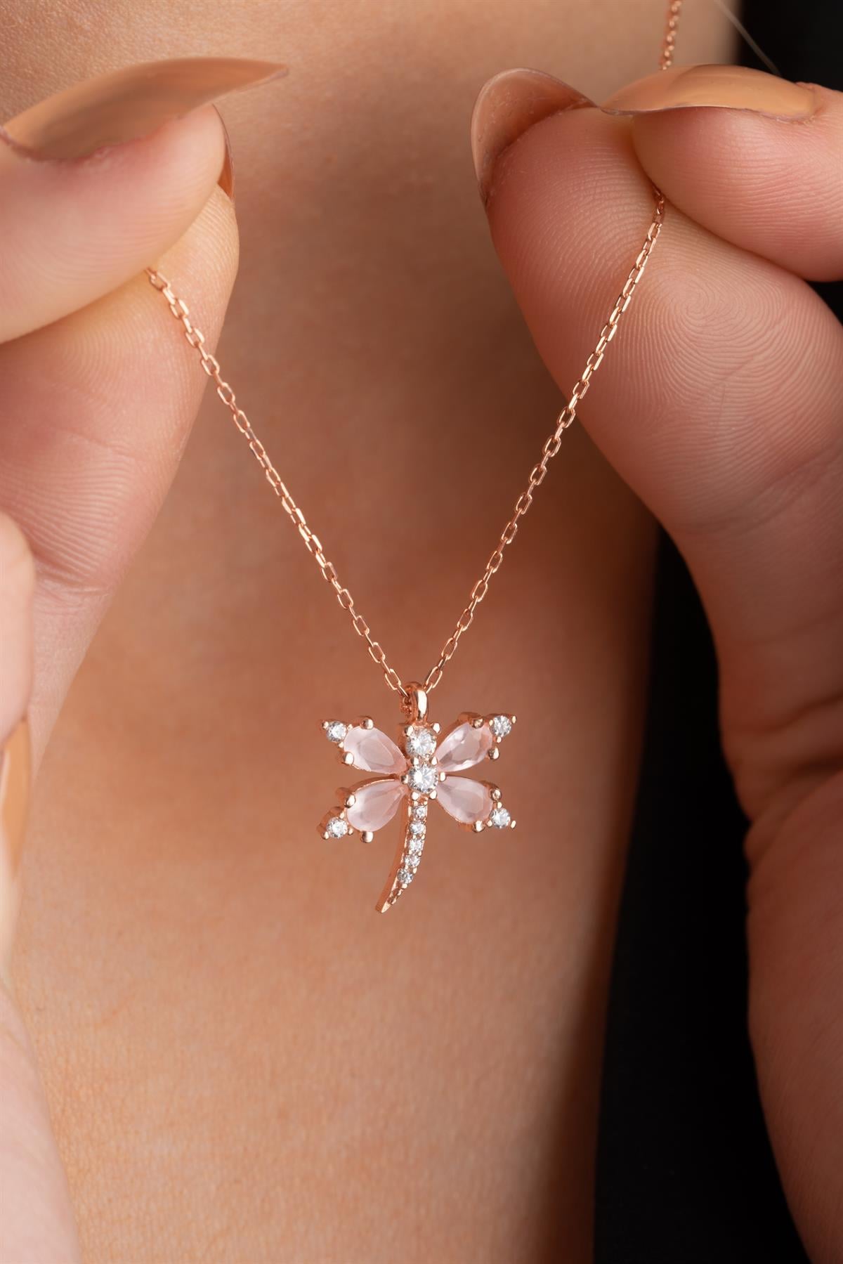 925 Ayar Gümüş Pembe Zirkon Taşlı Yusufcuk Model Şans Kolye