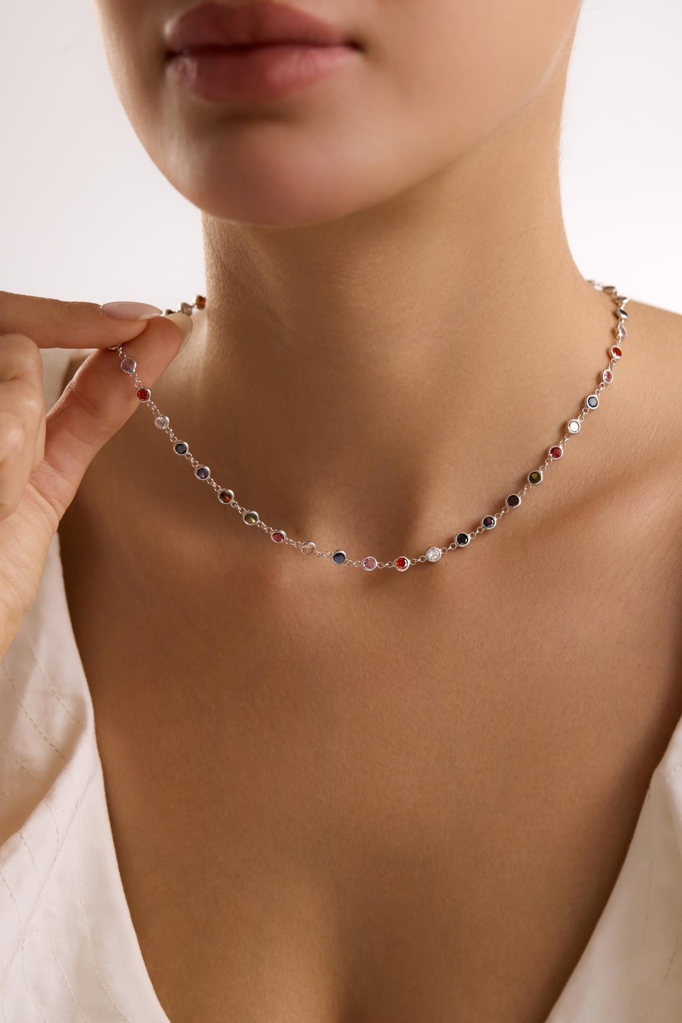 925 Ayar Gümüş Rodyum Kaplama 4 mm Renkli Zirkon Taşlı Kolye