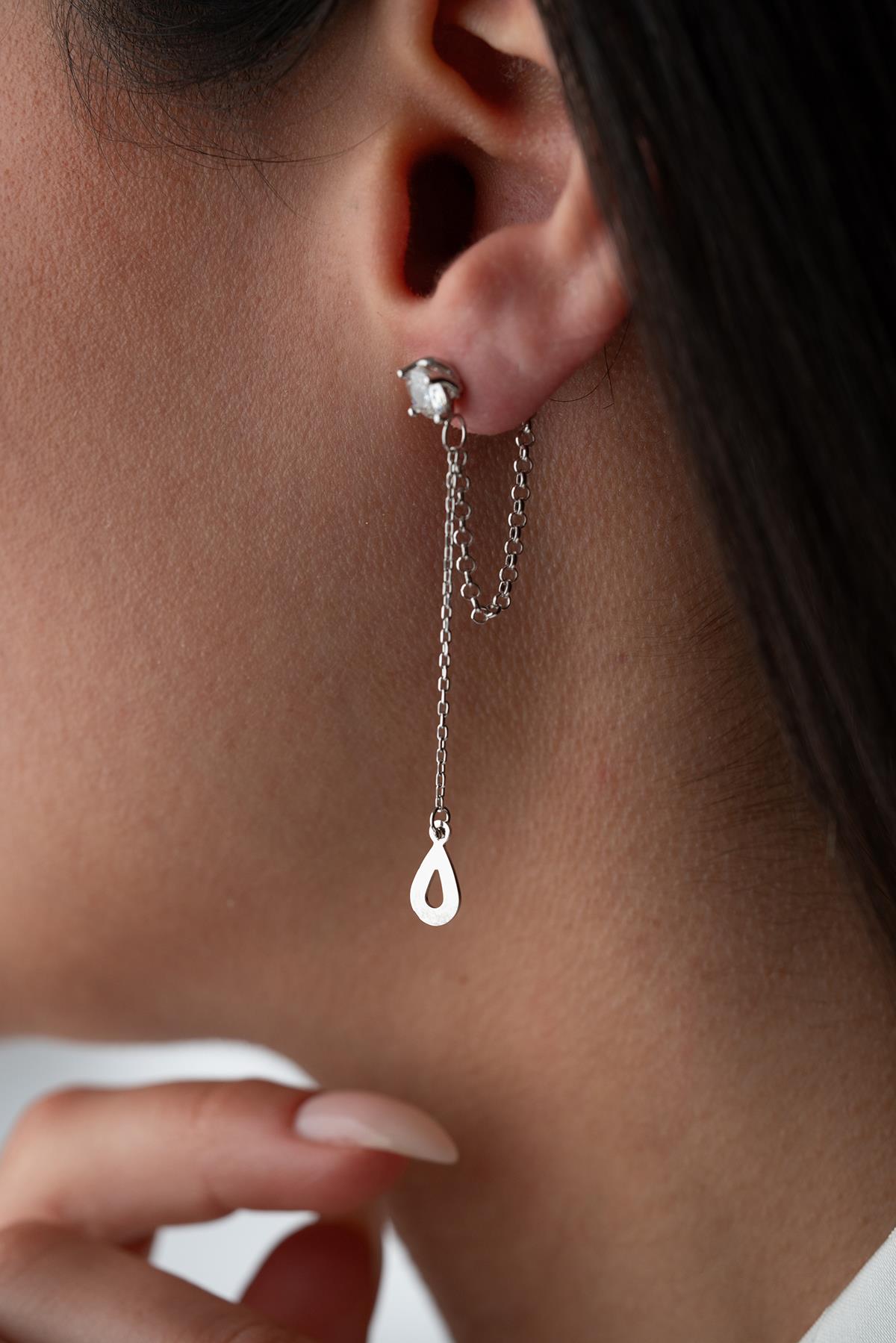 925 Ayar Gümüş Rodyum Kaplama 5 Mm Tektaş Sallantılı Zincir Su Damlası Model Küpe