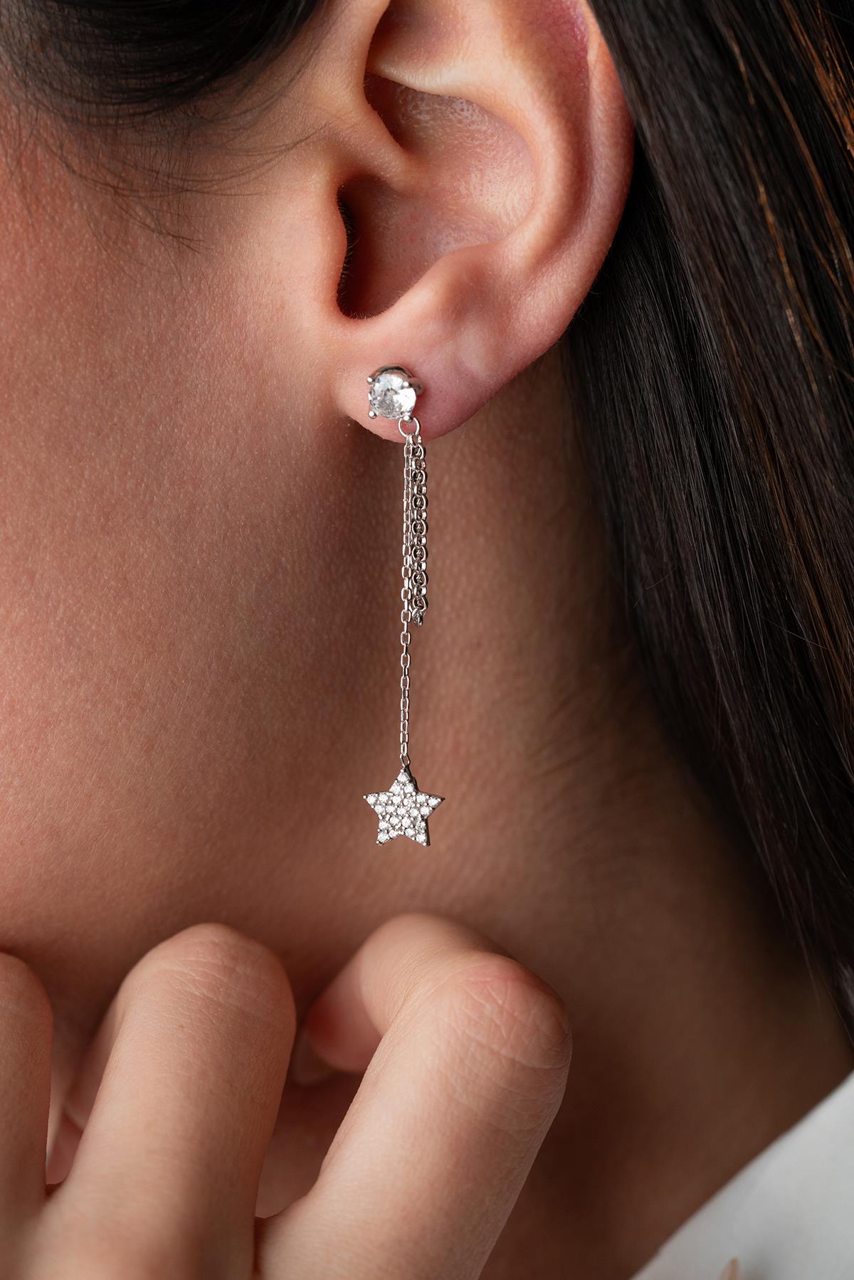 925 Ayar Gümüş Rodyum Kaplama 5 Mm Tektaş Sallantılı Zincir Zirkon Taşlı Yıldız Küpe