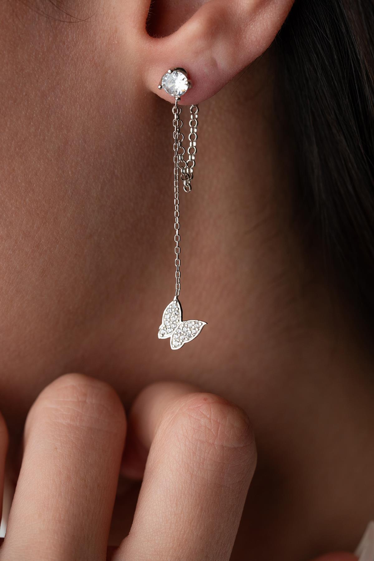 925 Ayar Gümüş Rodyum Kaplama 5 Mm Tektaş Sallantılı Zincir Zirkon Taşlı Kelebek Küpe