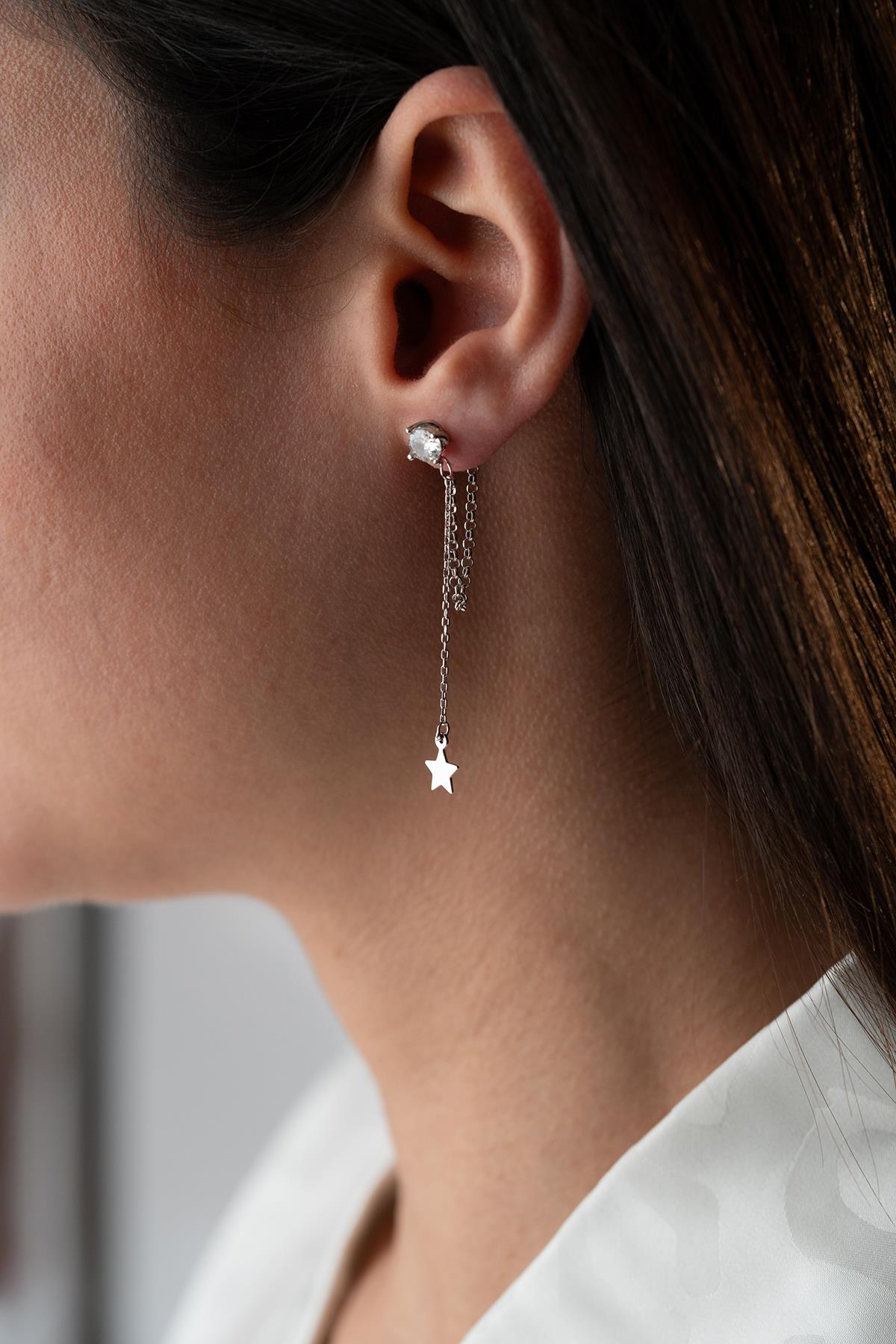 925 Ayar Gümüş Rodyum Kaplama 5 Mm Tektaş Sallantılı Zincir Sade Yıldız Model Küpe