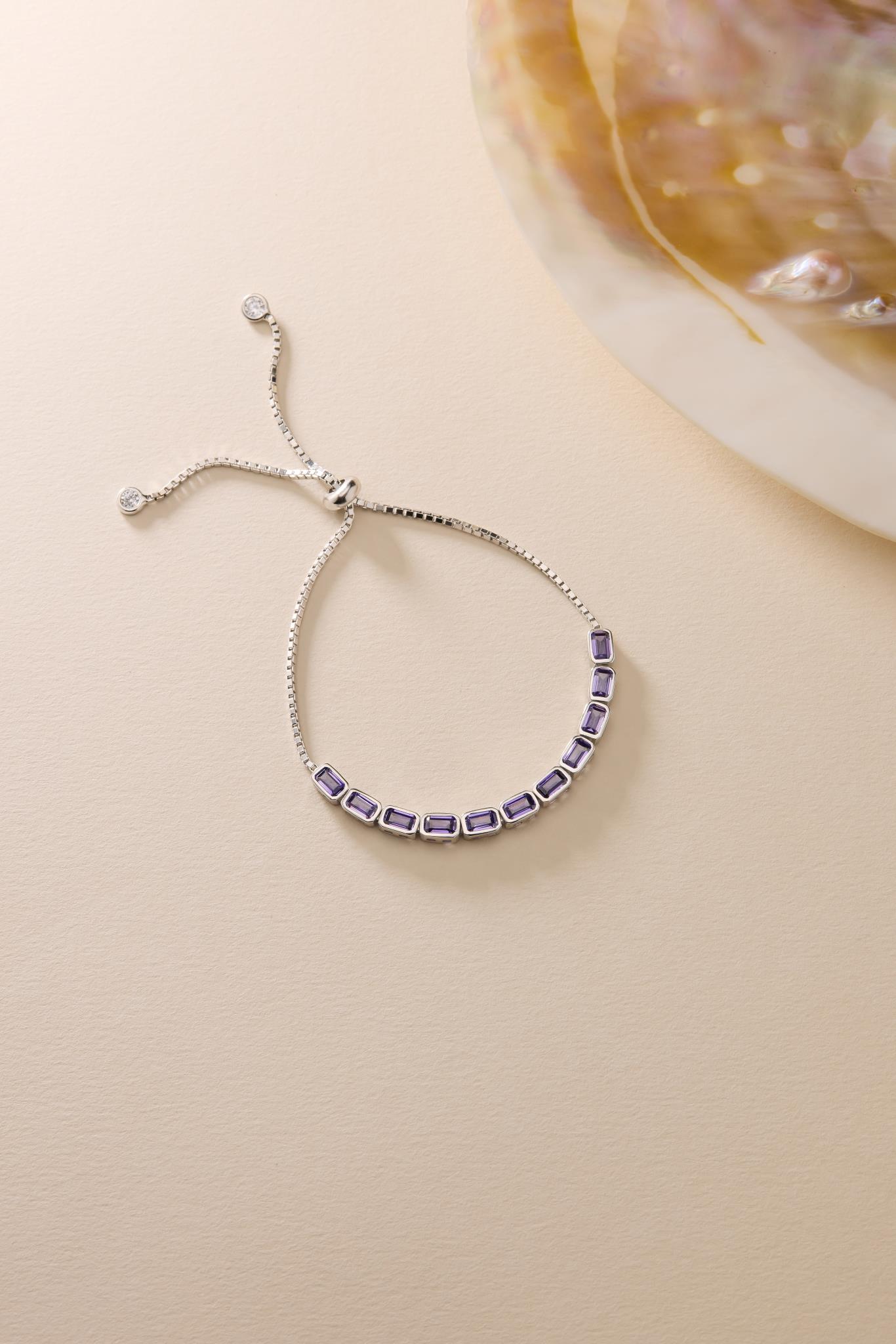 925 Ayar Gümüş Rodyum Kaplama Ayarlanabilir Asansörlü Sıralı Mor Baget Taşlı Bileklik