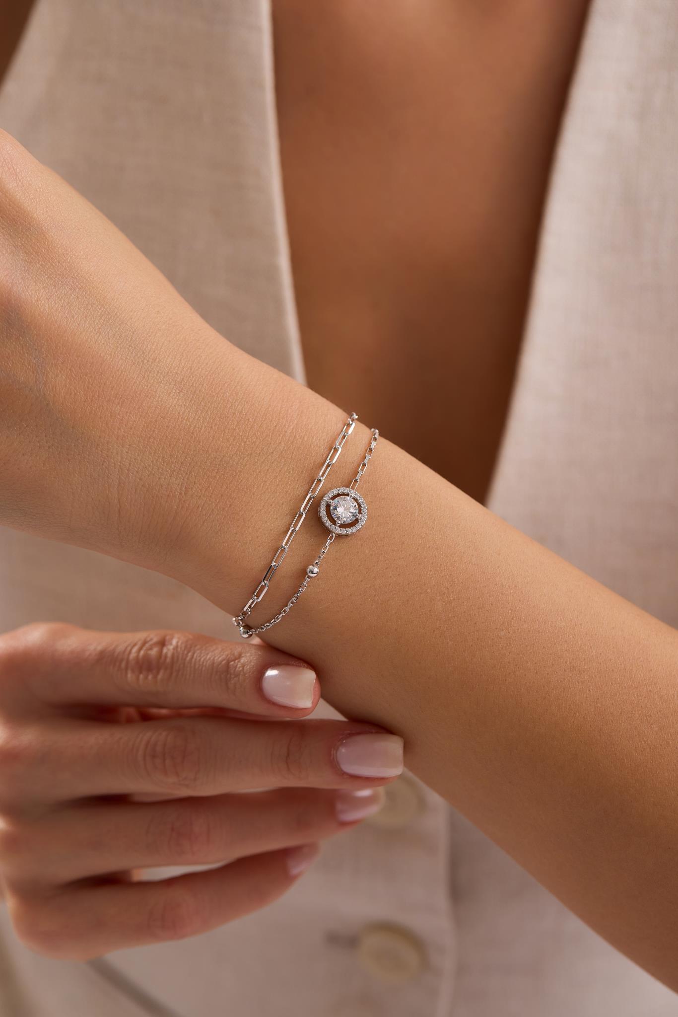 925 Ayar Gümüş Rodyum Kaplama Çift Zincirli 6 mm Tektaş Yuvarlak Model Bileklik