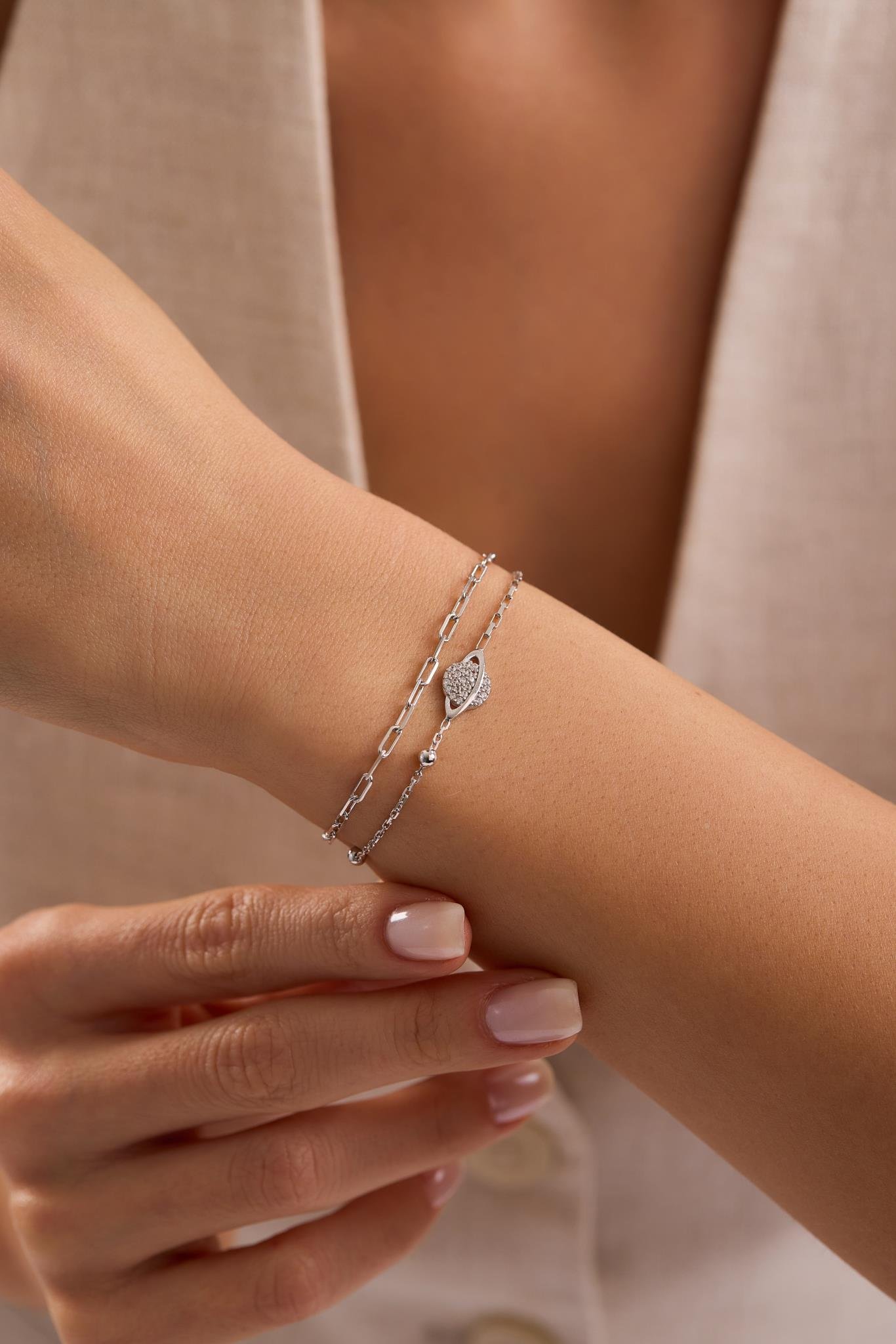 925 Ayar Gümüş Rodyum Kaplama Çift Zincirli Gezegen Model Bileklik