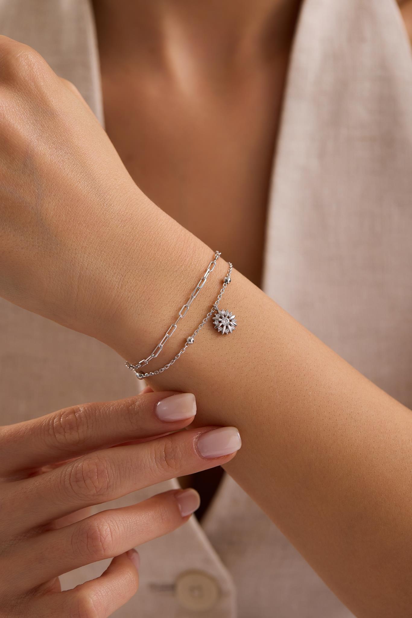 925 Ayar Gümüş Rodyum Kaplama Çift Zincirli Güneş Model Bileklik