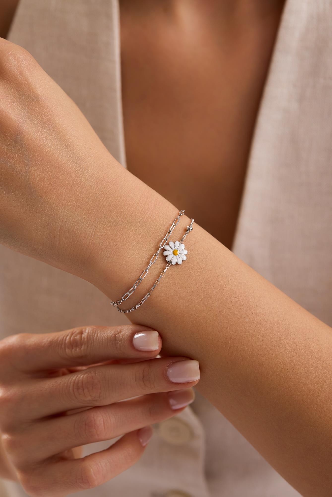 925 Ayar Gümüş Rodyum Kaplama Çift Zincirli Papatya Model Bileklik