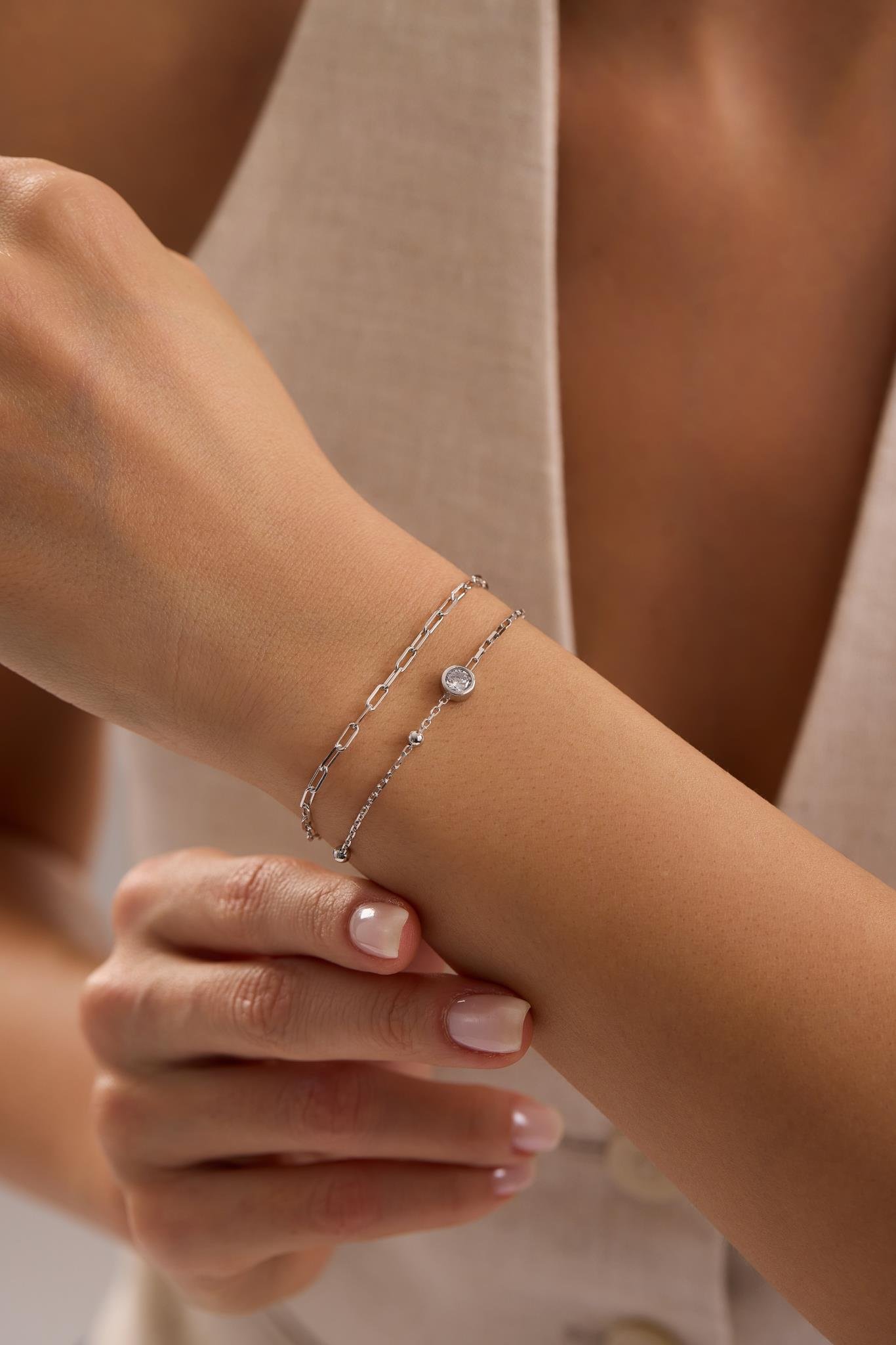 925 Ayar Gümüş Rodyum Kaplama Çift Zincirli 5 mm Tektaş Model Bileklik