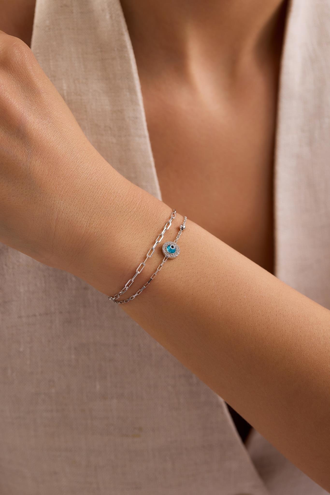 925 Ayar Gümüş Rodyum Kaplama Çift Zincirli Nazar Göz Model Bileklik