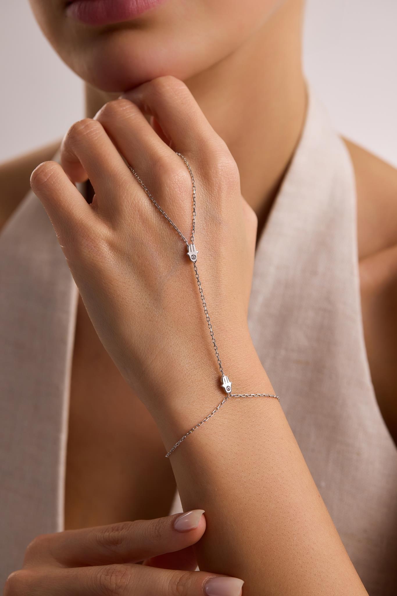 925 Ayar Gümüş Rodyum Kaplama Fatma  Ana Eli Şahmeran Bileklik 