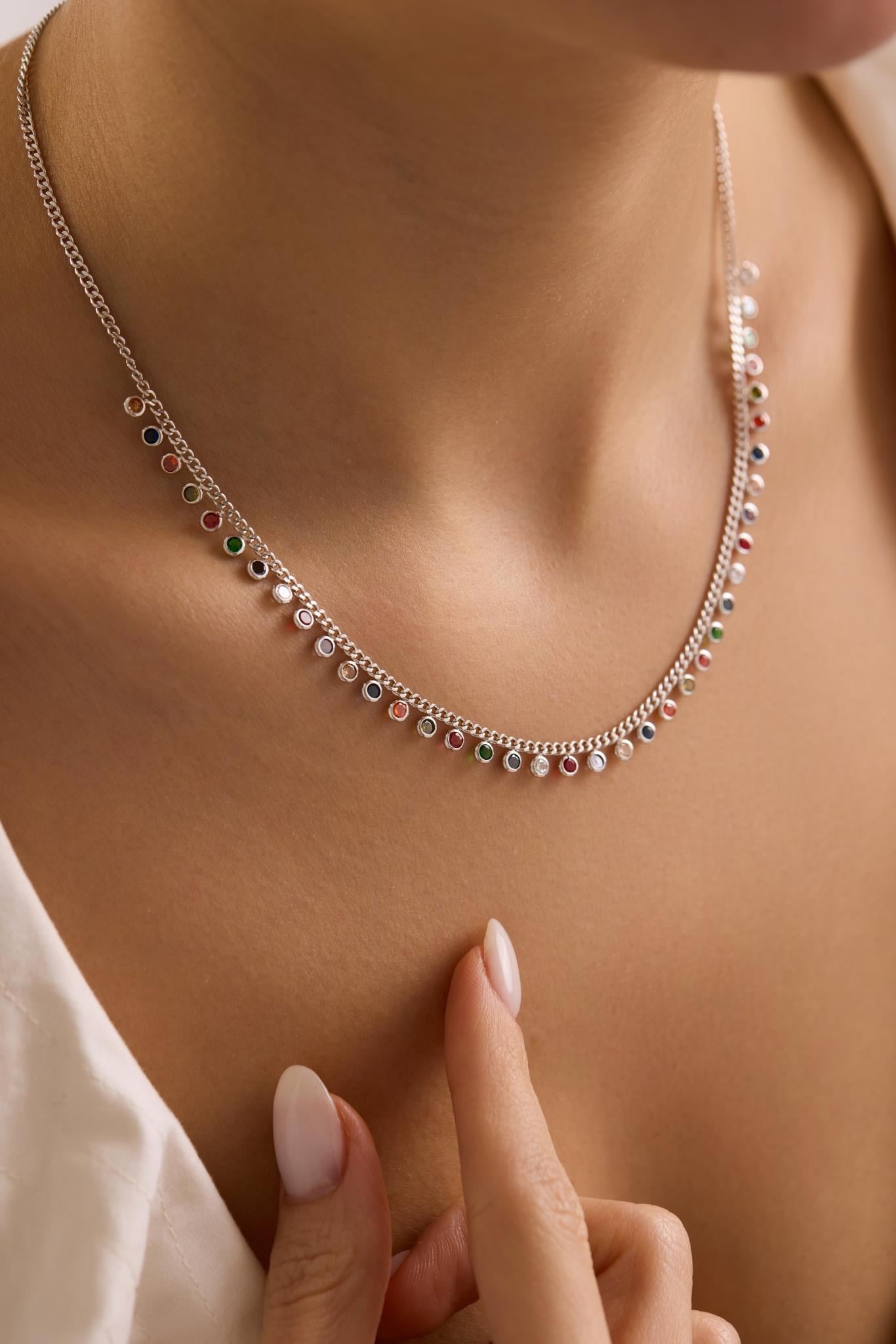 925 Ayar Gümüş Rodyum Kaplama Gurmet Zircirli 3 mm Mix Taşlı Kolye