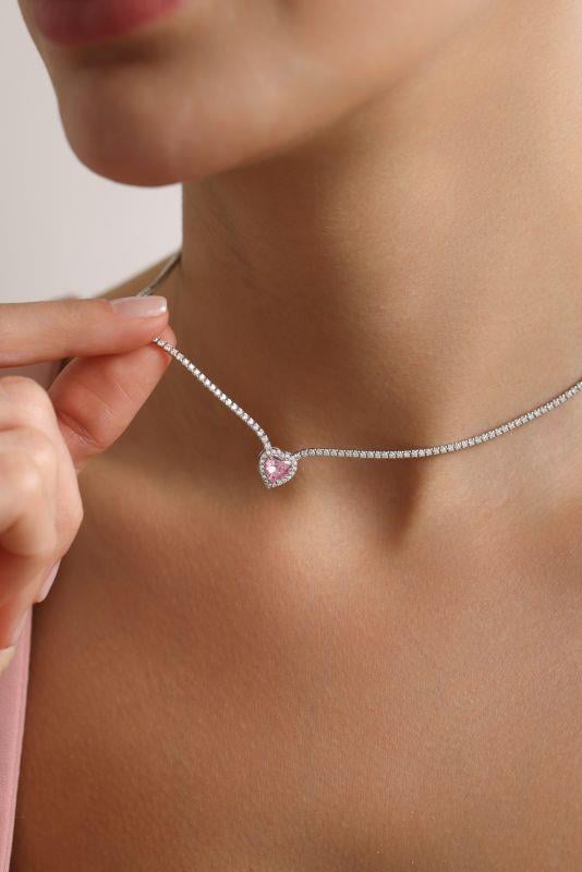 925 Ayar Gümüş Rodyum Kaplama Pembe Taşlı Suyolu Kolye