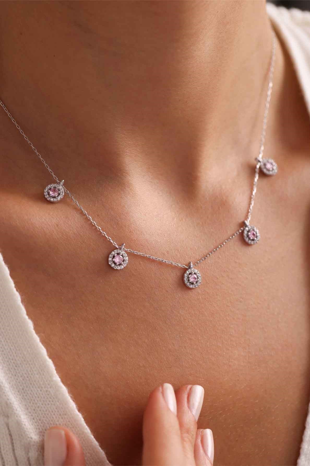 925 Ayar Gümüş Rodyum Kaplama Pembe Zirkon Taşlı Şans Kolye