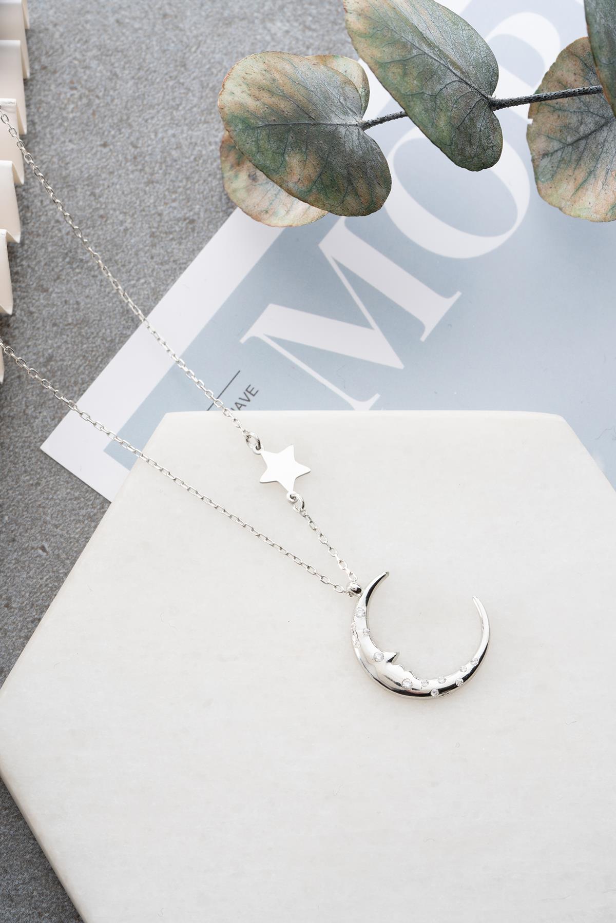 925 Ayar Gümüş Rodyum Kaplama Yıldız Detaylı Ay Dede Hilal Kolye