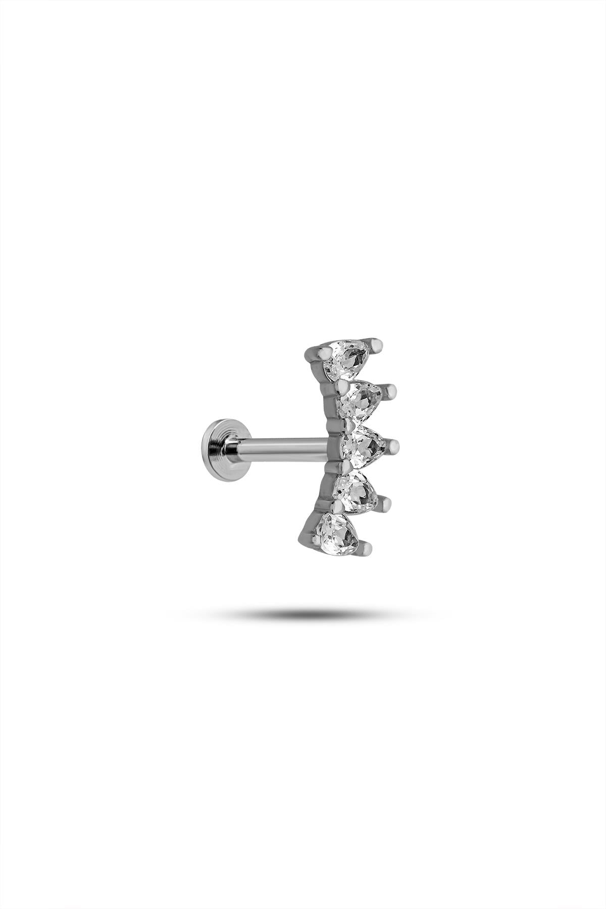925 Ayar Gümüş Rodyumlu Minimal  Mekik Beş Taşlı Tragus Piercing Küpe