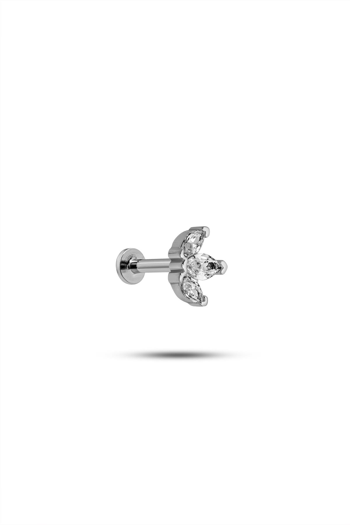 925 Ayar Gümüş Rodyumlu Minimal Üç Mekik Taşlı Lotus Tragus Piercing Küpe
