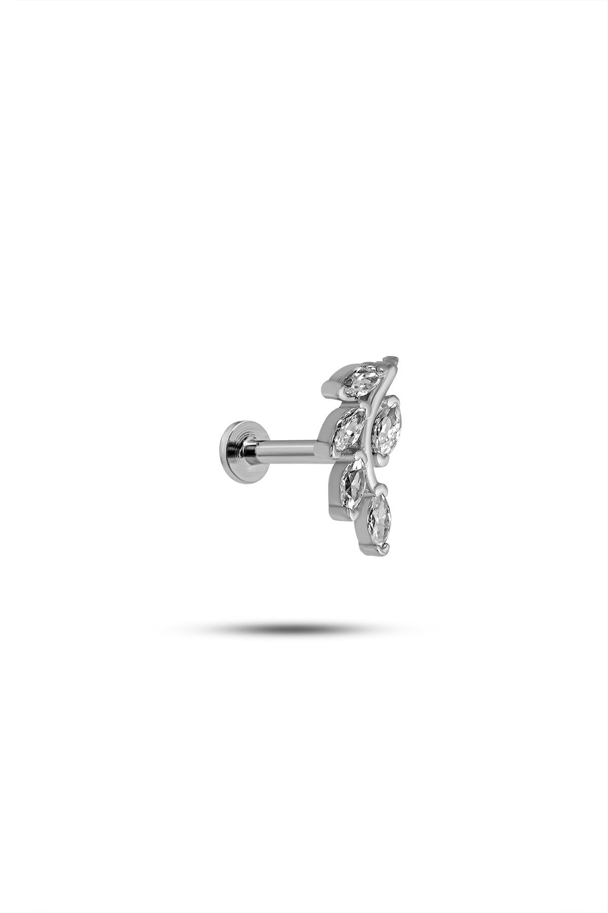 925 Ayar Gümüş Rodyumlu Minimal Zeytin Dalı Tragus Piercing Küpe