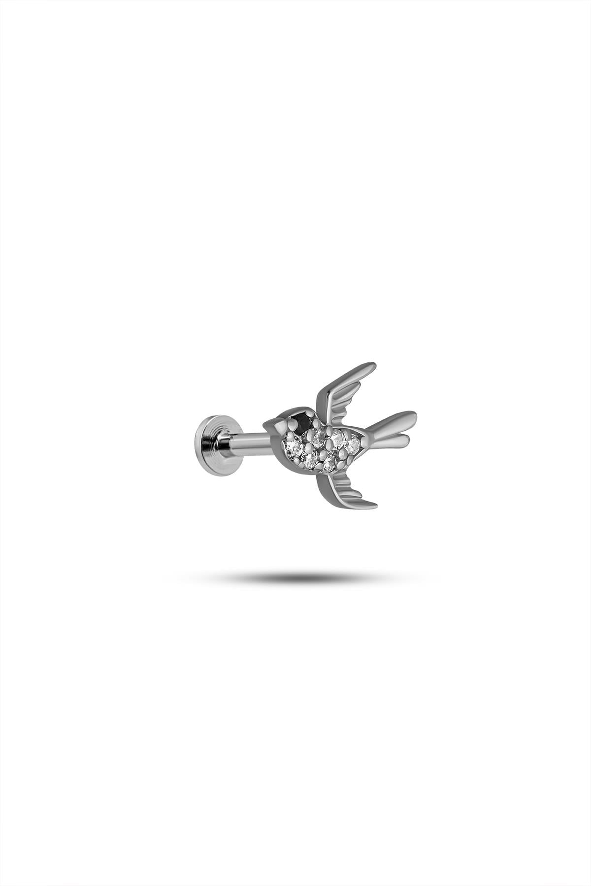 925 Ayar Gümüş Rodyumlu Minimal  Zirkon Taşlı Kırlangıç Tragus Piercing Küpe