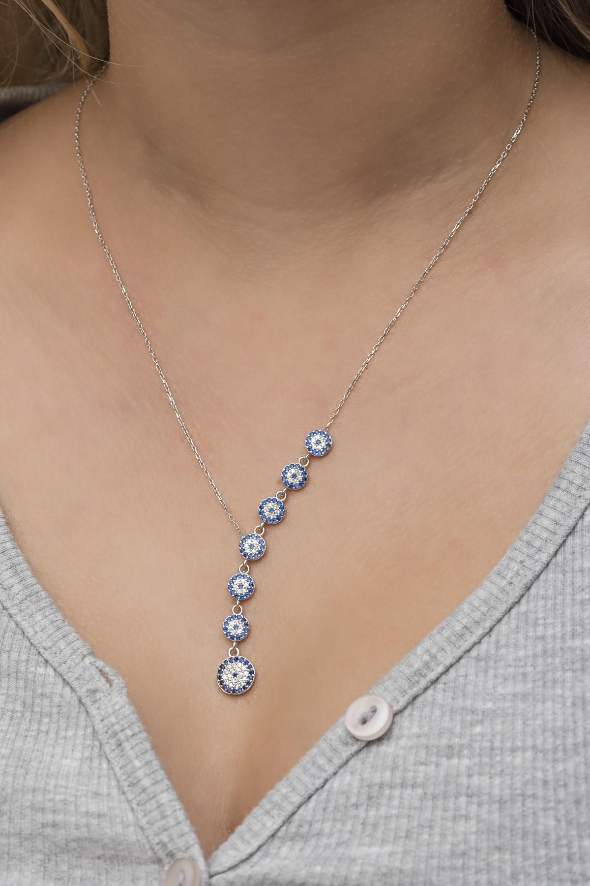 925 Ayar Gümüş Rodyumlu Sıralı Nazar Bocuğu Kolye