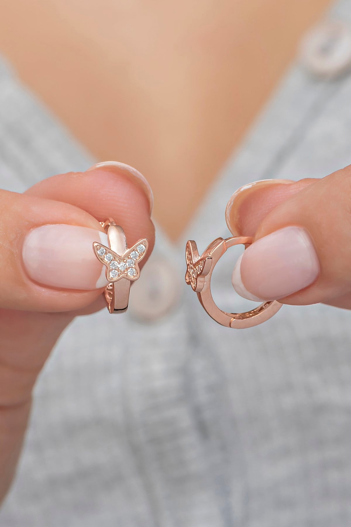 925 Ayar Gümüş Rose 10 mm Halka Kelebek Küpe