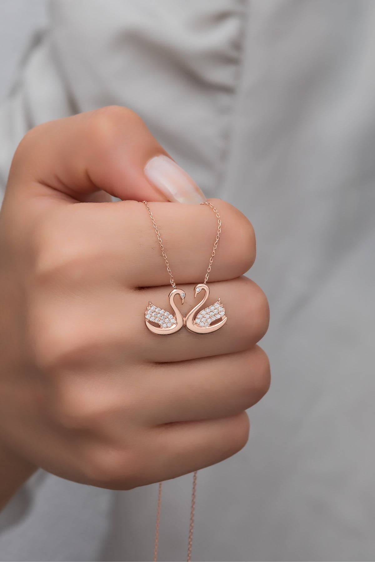 925 Ayar Gümüş Rose Çift Kuğu Kolye