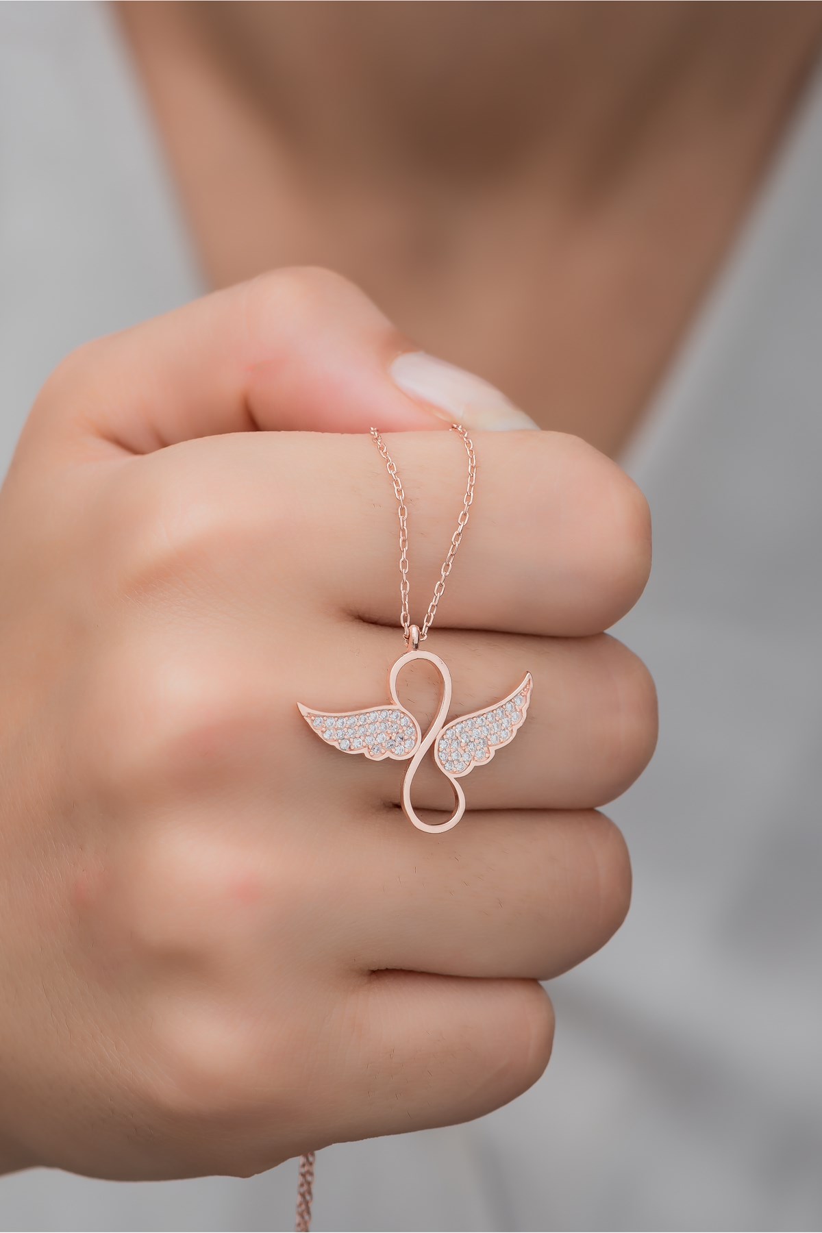 925 Ayar Gümüş Rose Kanatlı Sonsuzluk Kolye