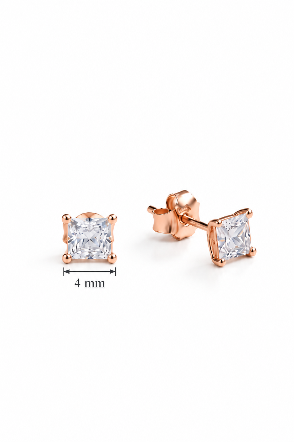 925 Ayar Gümüş Rose Kaplama 4 mm Kare Star Kesim Minimal Tektaş Küpe