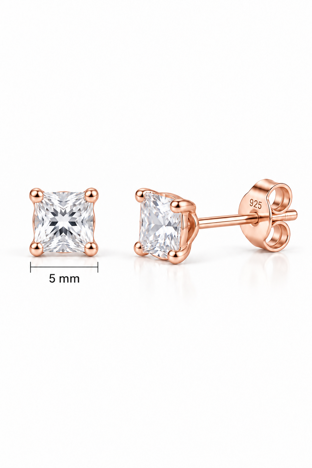 925 Ayar Gümüş Rose Kaplama 5 mm Kare Star Kesim Minimal Tektaş Küpe