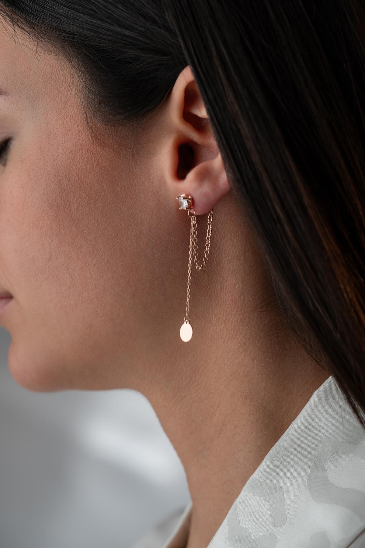 925 Ayar Gümüş Rose Kaplama 5 Mm Tektaş Sallantılı Zincir Sade Yuvarlak Model Küpe