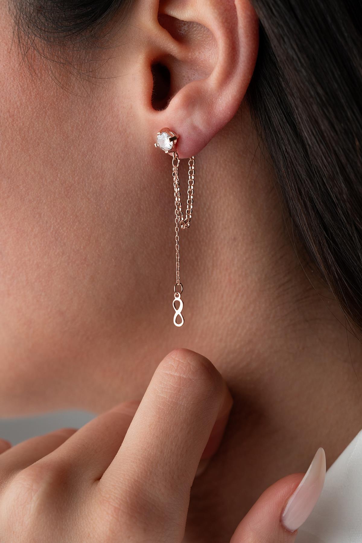 925 Ayar Gümüş Rose Kaplama 5 Mm Tektaş Sallantılı Zincir Sonsuzluk Model Küpe