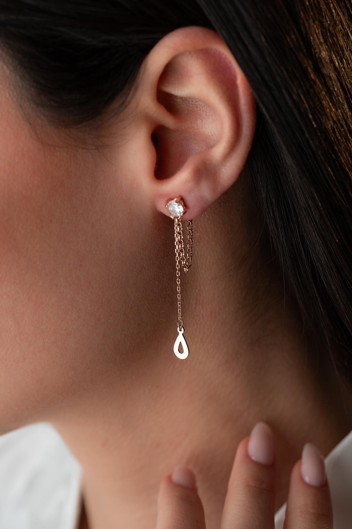 925 Ayar Gümüş Rose Kaplama 5 Mm Tektaş Sallantılı Zincir Su Damlası Model Küpe