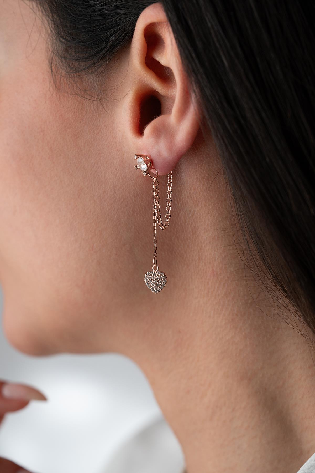 925 Ayar Gümüş Rose Kaplama 5 Mm Tektaş Sallantılı Zincir Kalp Model Küpe