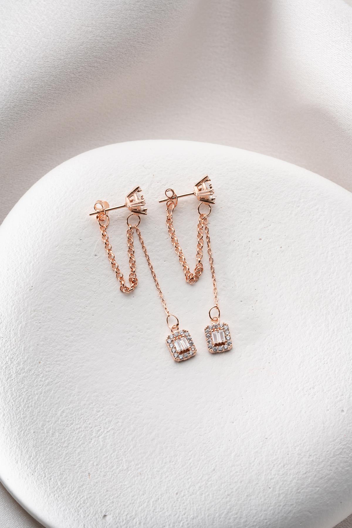 925 Ayar Gümüş Rose Kaplama 5 Mm Tektaş Sallantılı Zincir Baget Taşlı Tektaş Küpe